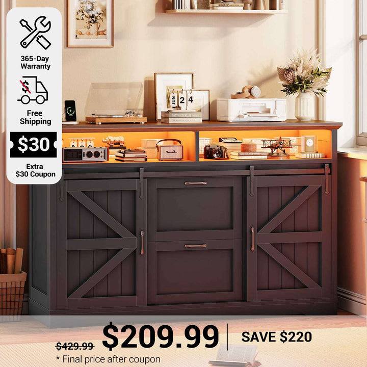 SEDETA 47.2 Inch File Cabinet 2 Drawers Farmhouse Filing Cabinets for A4 File with Barn Door Power Outlets Printer Stand LED Lights