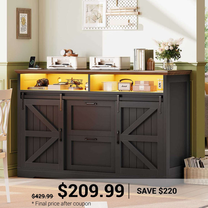 SEDETA 47.2 Inch File Cabinet 2 Drawers Farmhouse Filing Cabinets for A4 File with Barn Door Power Outlets Printer Stand LED Lights