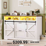 SEDETA 47.2 Inch File Cabinet 2 Drawers Farmhouse Filing Cabinets for A4 File with Barn Door Power Outlets Printer Stand LED Lights