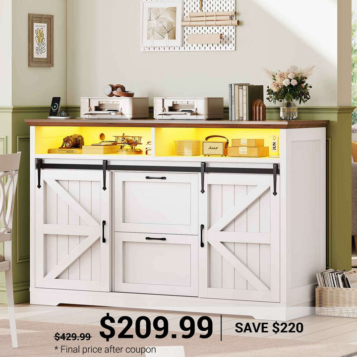 SEDETA 47.2 Inch File Cabinet 2 Drawers Farmhouse Filing Cabinets for A4 File with Barn Door Power Outlets Printer Stand LED Lights