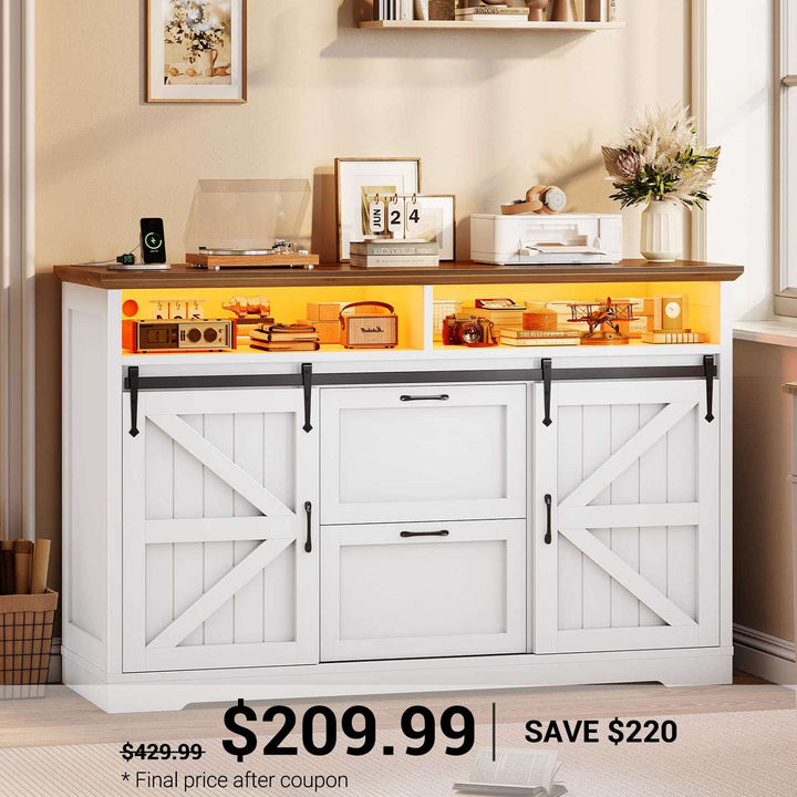 SEDETA 47.2 Inch File Cabinet 2 Drawers Farmhouse Filing Cabinets for A4 File with Barn Door Power Outlets Printer Stand LED Lights
