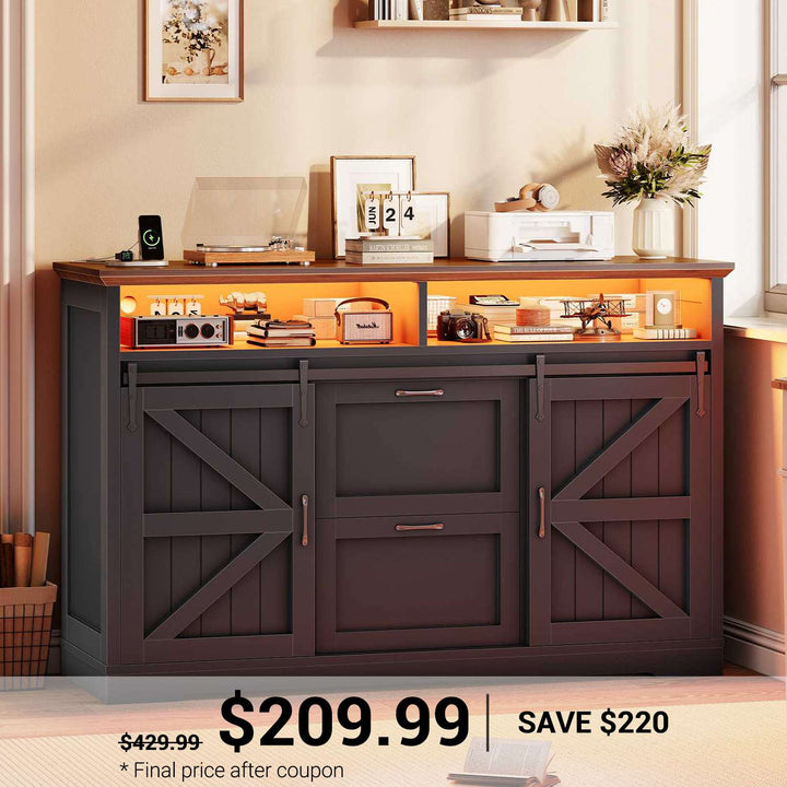 SEDETA 47.2 Inch File Cabinet 2 Drawers Farmhouse Filing Cabinets for A4 File with Barn Door Power Outlets Printer Stand LED Lights