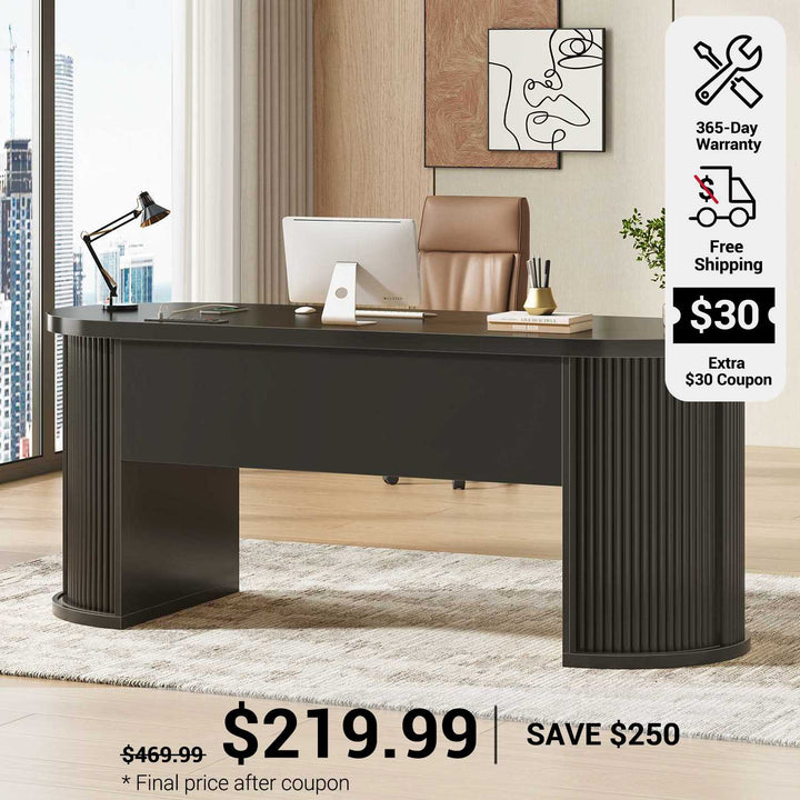 SEDETA 58.3 Inch Office Desk with 2 Drawers Fluted Long Computer Desk with 2 Sliding Doors Storage and Power Strip Wood Executive Desk for Home Office