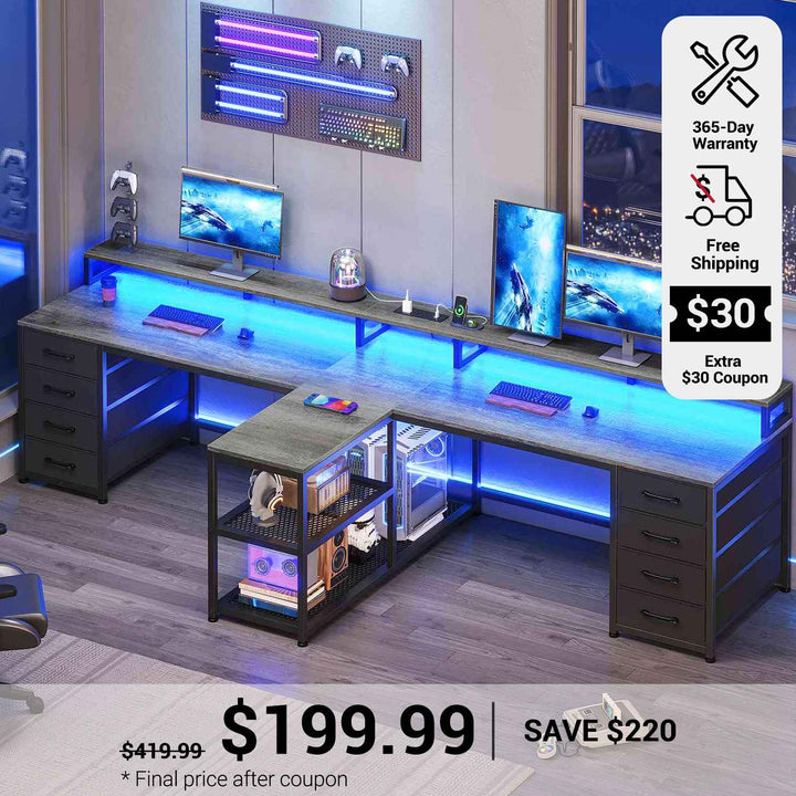 SEDETA 94.5 Inch 2 Person Gaming Desk Long Office Computer Desk with LED Lights 8 Storage Drawers Power Outlet