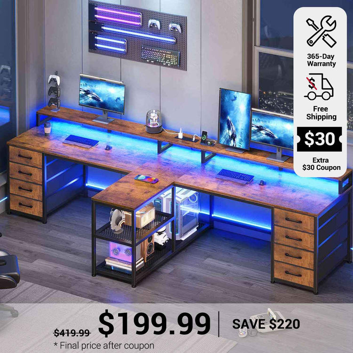 SEDETA 94.5 Inch 2 Person Gaming Desk Long Office Computer Desk with LED Lights 8 Storage Drawers Power Outlet