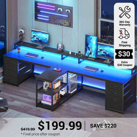 SEDETA 94.5 Inch 2 Person Gaming Desk Long Office Computer Desk with LED Lights 8 Storage Drawers Power Outlet
