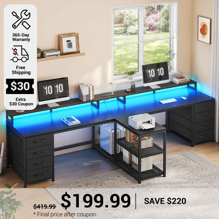 SEDETA 94.5 Inch 2 Person Gaming Desk Long Office Computer Desk with LED Lights 8 Storage Drawers Power Outlet