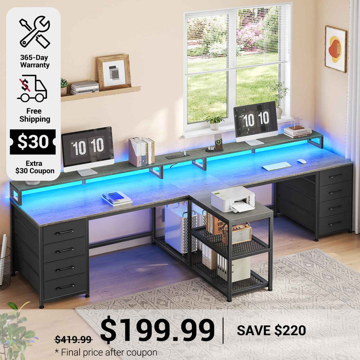 SEDETA 94.5 Inch 2 Person Gaming Desk Long Office Computer Desk with LED Lights 8 Storage Drawers Power Outlet