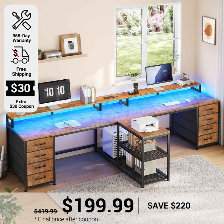 SEDETA 94.5 Inch 2 Person Gaming Desk Long Office Computer Desk with LED Lights 8 Storage Drawers Power Outlet