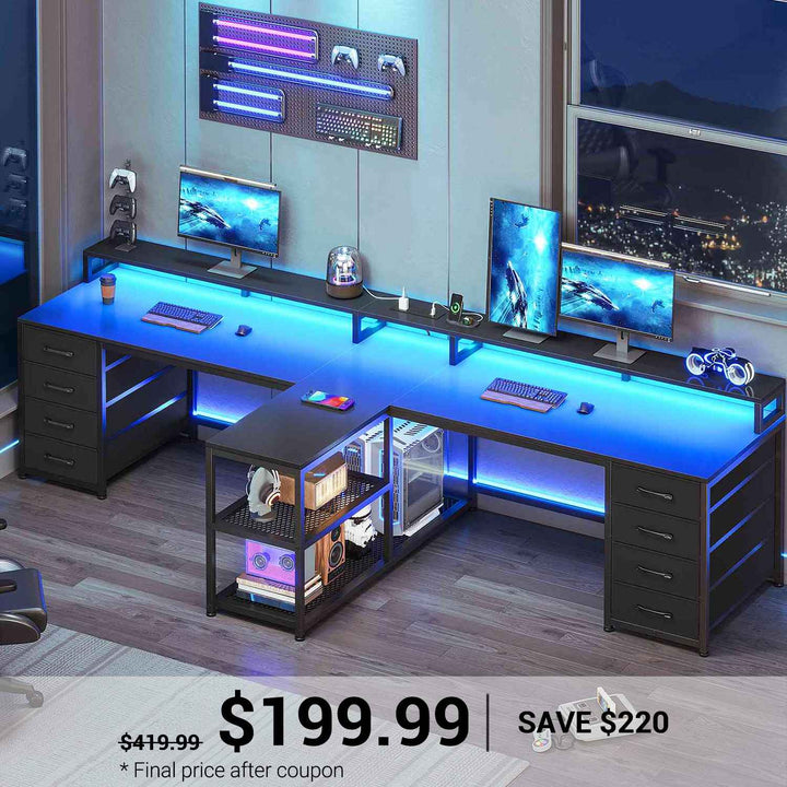 SEDETA 94.5 Inch 2 Person Gaming Desk Long Office Computer Desk with LED Lights 8 Storage Drawers Power Outlet