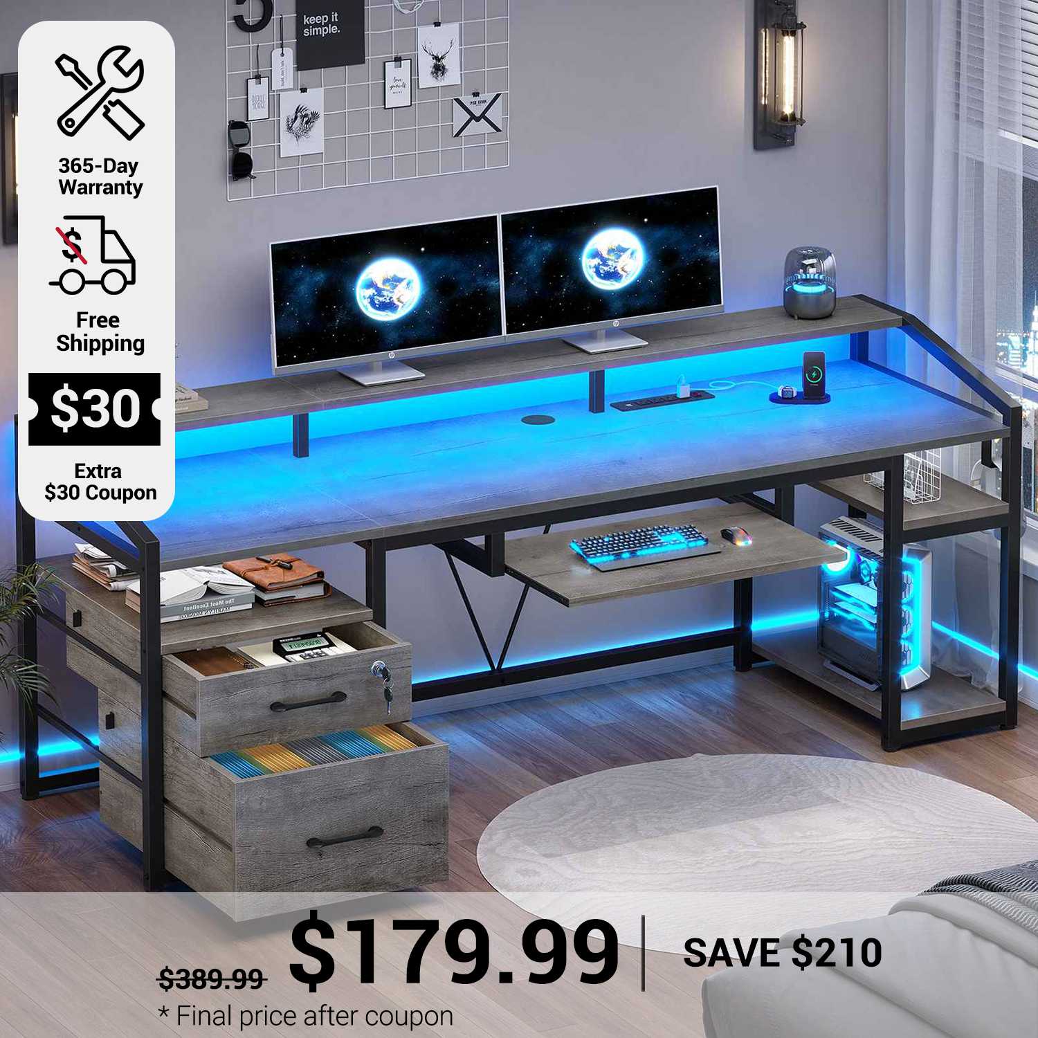 SEDETA 63 Inch Office Computer Desk LED Gaming Desk with Lock Drawers