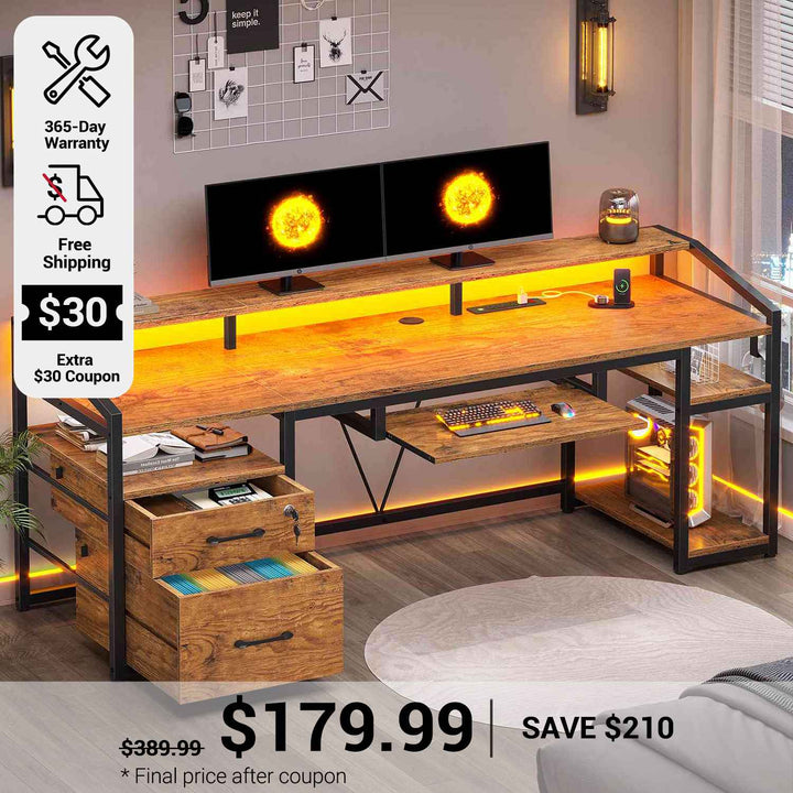 SEDETA 63 Inch Office Computer Desk LED Gaming Desk with Lock Drawers