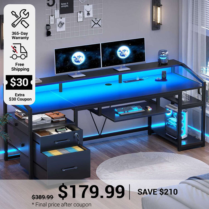 SEDETA 63 Inch Office Computer Desk LED Gaming Desk with Lock Drawers