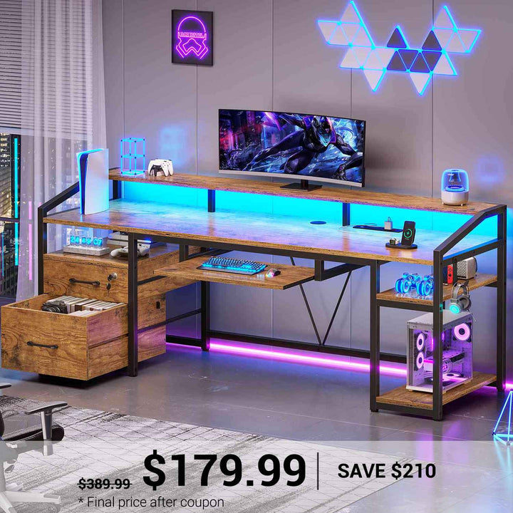 SEDETA 63 Inch Office Computer Desk LED Gaming Desk with Lock Drawers