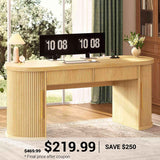 SEDETA 58.3 Inch Office Desk with 2 Drawers Fluted Long Computer Desk with 2 Sliding Doors Storage and Power Strip Wood Executive Desk for Home Office