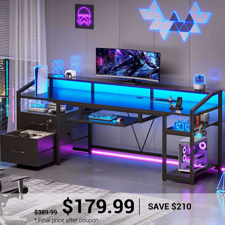 SEDETA 63 Inch Office Computer Desk LED Gaming Desk with Lock Drawers