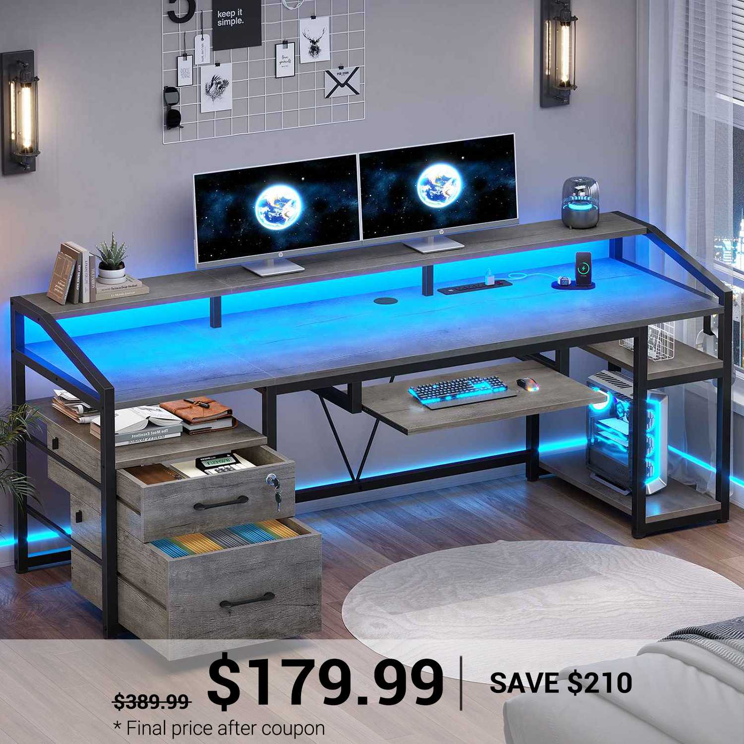 SEDETA 63 Inch Office Computer Desk LED Gaming Desk with Lock Drawers