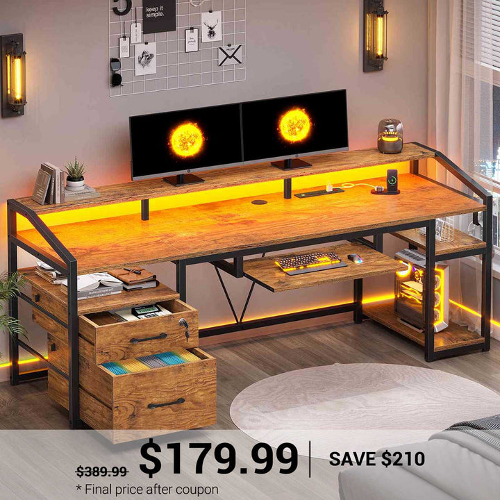 SEDETA 63 Inch Office Computer Desk LED Gaming Desk with Lock Drawers