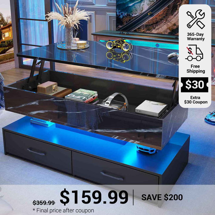 SEDETA 40 Inch Lift Top Coffee Table with Led Lights Storage for Living Room