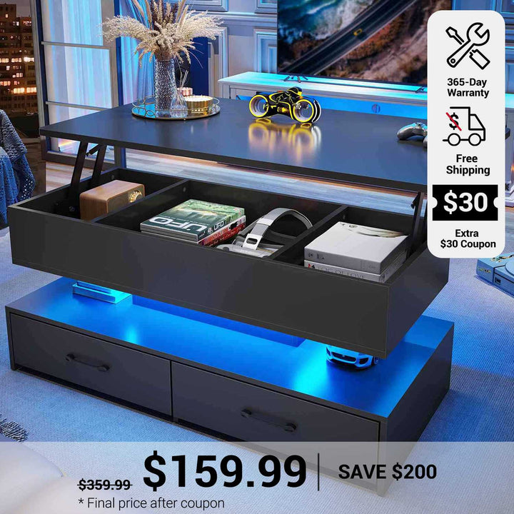 SEDETA 40 Inch Lift Top Coffee Table with Led Lights Storage for Living Room