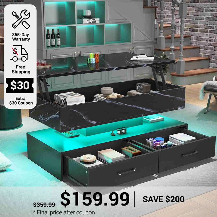 SEDETA 40 Inch Lift Top Coffee Table with Led Lights Storage for Living Room