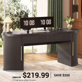 SEDETA 58.3 Inch Office Desk with 2 Drawers Fluted Long Computer Desk with 2 Sliding Doors Storage and Power Strip Wood Executive Desk for Home Office