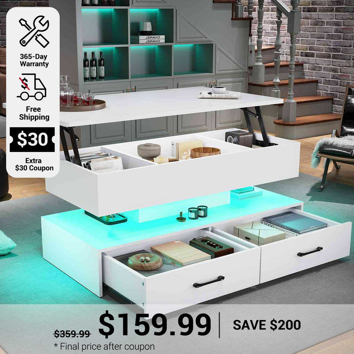 SEDETA 40 Inch Lift Top Coffee Table with Led Lights Storage for Living Room