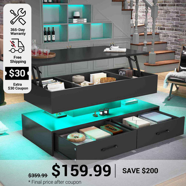 SEDETA 40 Inch Lift Top Coffee Table with Led Lights Storage for Living Room