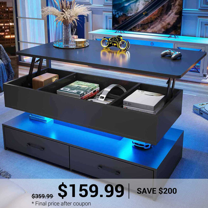 SEDETA 40 Inch Lift Top Coffee Table with Led Lights Storage for Living Room