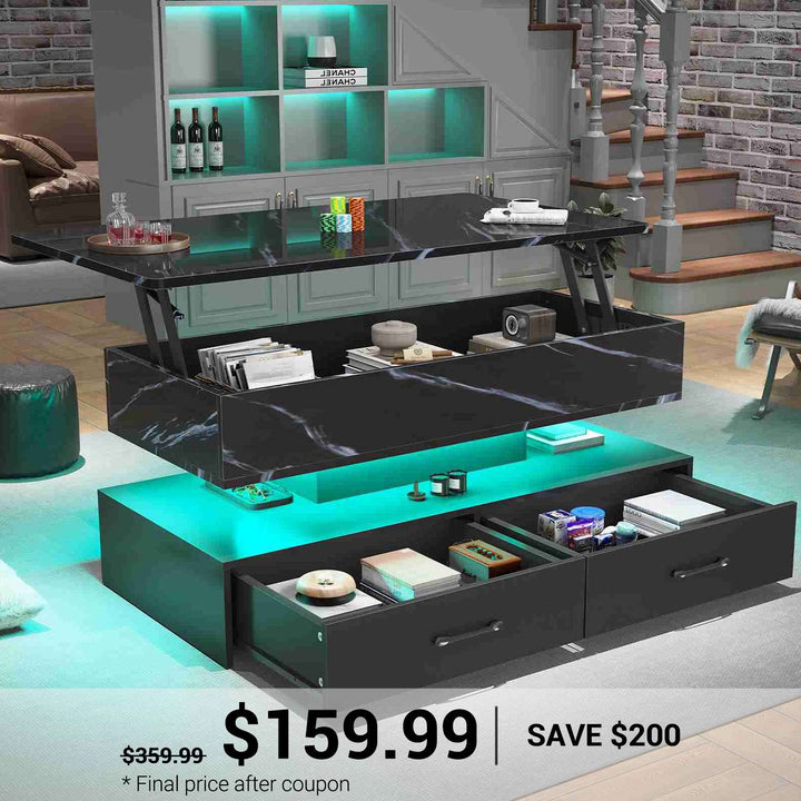 SEDETA 40 Inch Lift Top Coffee Table with Led Lights Storage for Living Room