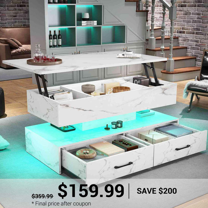 SEDETA 40 Inch Lift Top Coffee Table with Led Lights Storage for Living Room