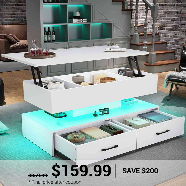 SEDETA 40 Inch Lift Top Coffee Table with Led Lights Storage for Living Room