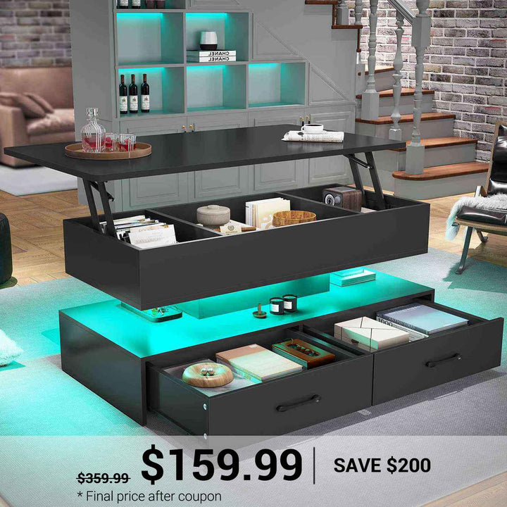 SEDETA 40 Inch Lift Top Coffee Table with Led Lights Storage for Living Room
