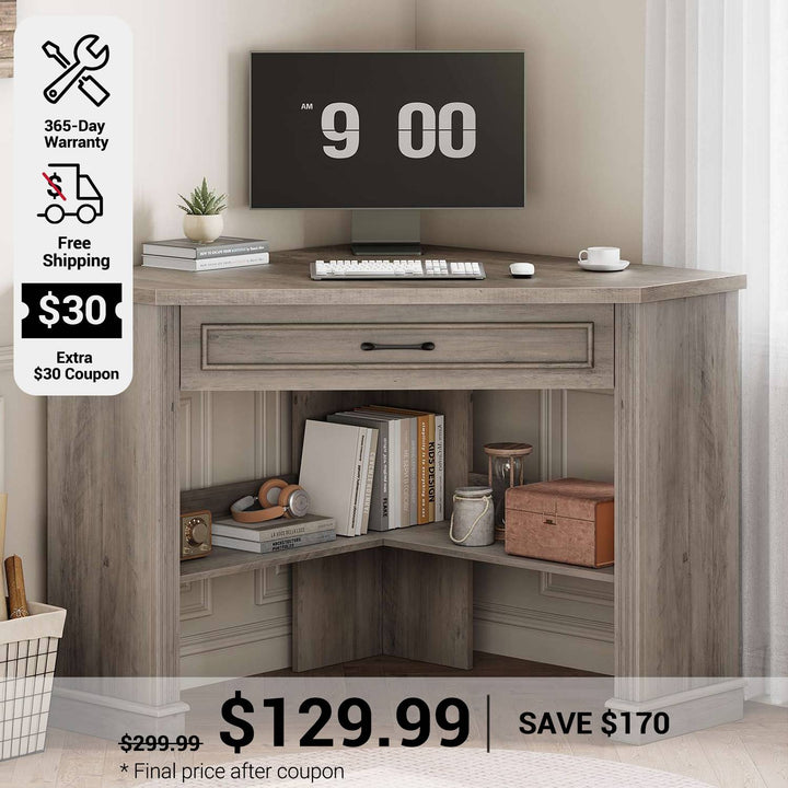 SEDETA 31.5 Inch Corner Desk Farmhouse Computer Desk with Storage Drawer Shelves for Small Space