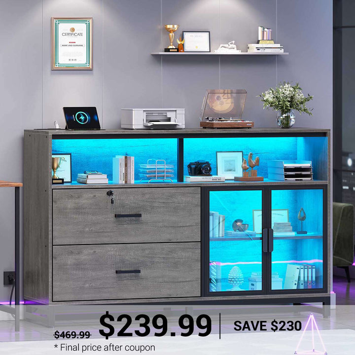 SEDETA 59 Inch File Cabinet Display Cabinet with LED Lights Power Strip for Home Office Fit Legal/Letter/A4 File