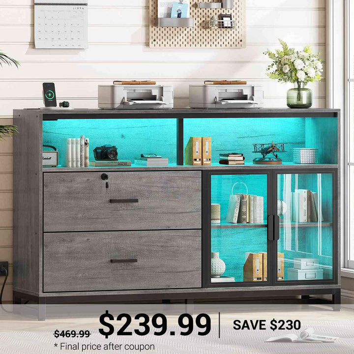 SEDETA 59 Inch File Cabinet Display Cabinet with LED Lights Power Strip for Home Office Fit Legal/Letter/A4 File
