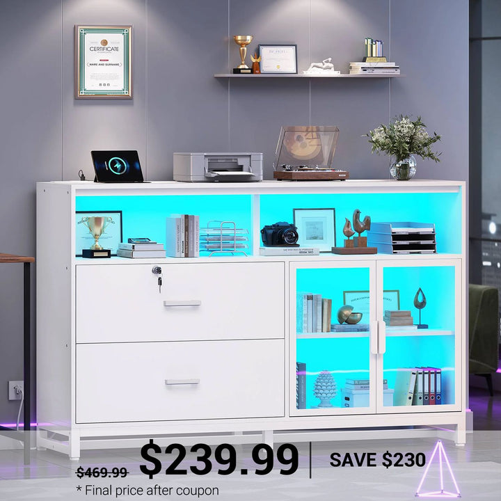 SEDETA 59 Inch File Cabinet Display Cabinet with LED Lights Power Strip for Home Office Fit Legal/Letter/A4 File