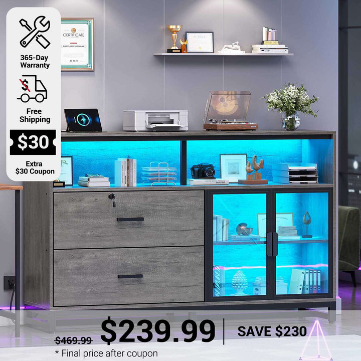 SEDETA 59 Inch File Cabinet Display Cabinet with LED Lights Power Strip for Home Office Fit Legal/Letter/A4 File