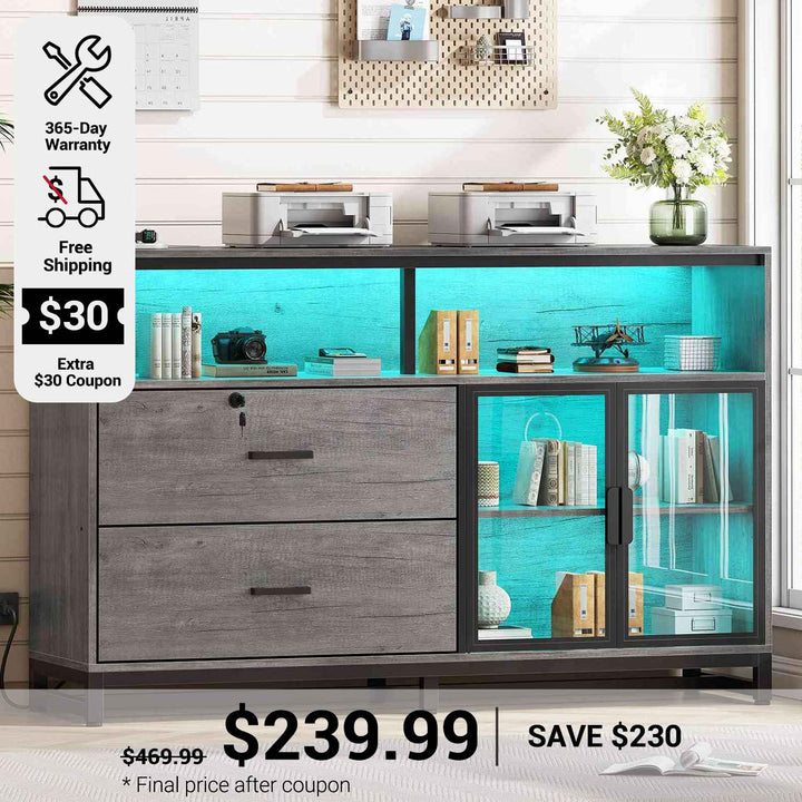 SEDETA 59 Inch File Cabinet Display Cabinet with LED Lights Power Strip for Home Office Fit Legal/Letter/A4 File