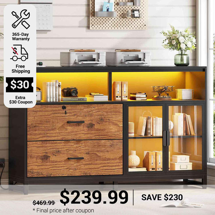 SEDETA 59 Inch File Cabinet Display Cabinet with LED Lights Power Strip for Home Office Fit Legal/Letter/A4 File