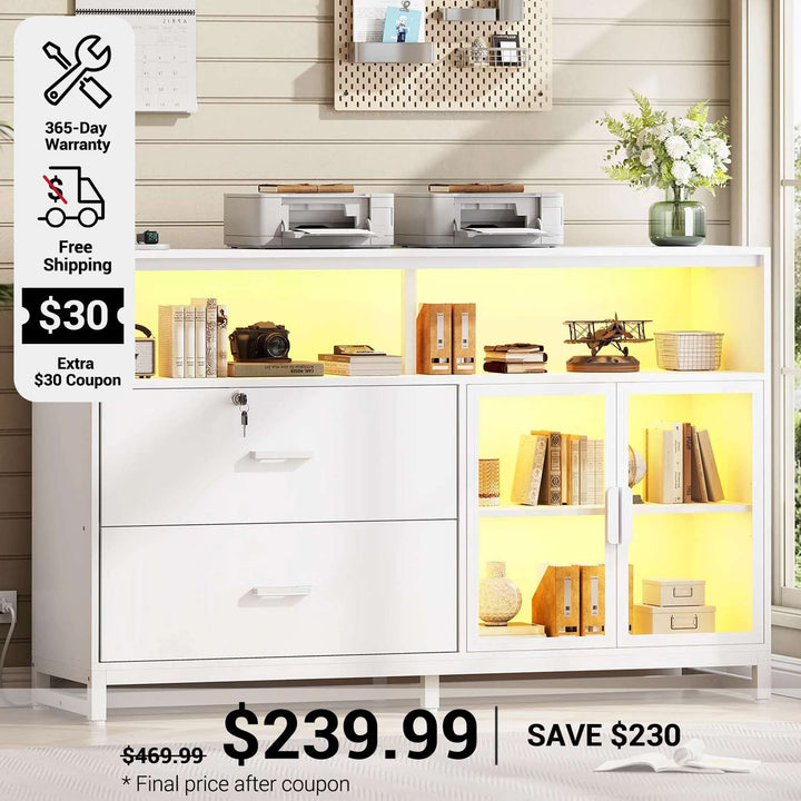 SEDETA 59 Inch File Cabinet Display Cabinet with LED Lights Power Strip for Home Office Fit Legal/Letter/A4 File