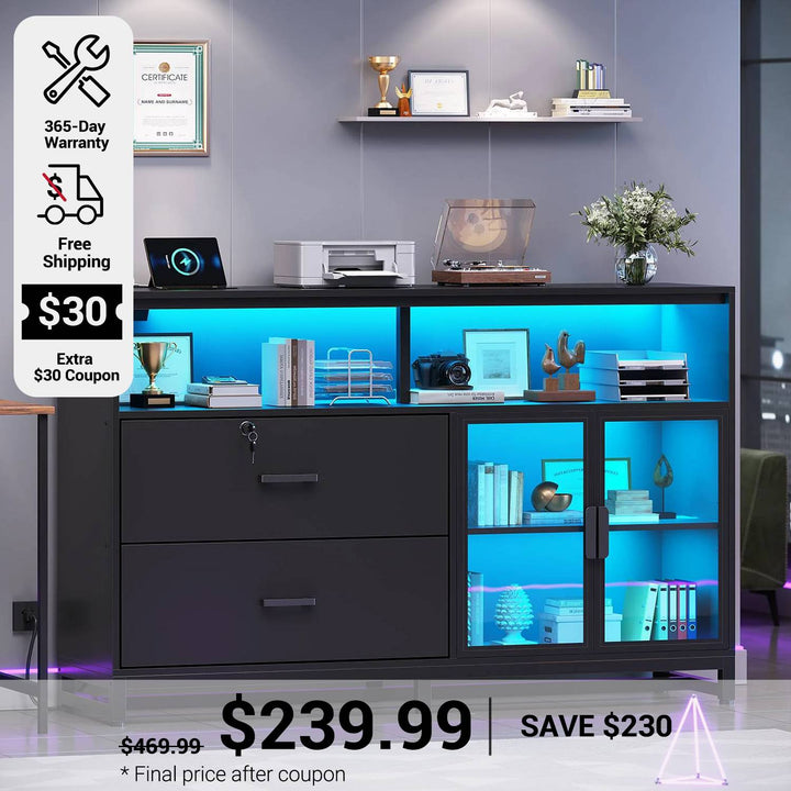 SEDETA 59 Inch File Cabinet Display Cabinet with LED Lights Power Strip for Home Office Fit Legal/Letter/A4 File