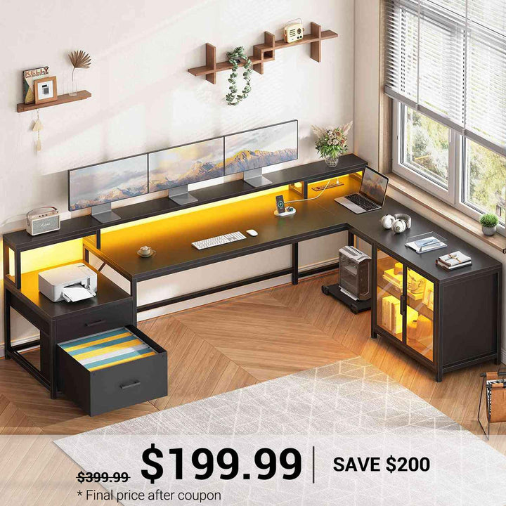 SEDETA 78.7 Inch L Shaped Gaming Desk with LED Light Computer Desk with Drawers Power Outlet Storage Shelves and Display Cabinet