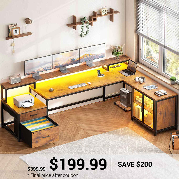 SEDETA 78.7 Inch L Shaped Gaming Desk with LED Light Computer Desk with Drawers Power Outlet Storage Shelves and Display Cabinet