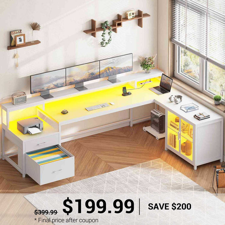 SEDETA 78.7 Inch L Shaped Gaming Desk with LED Light Computer Desk with Drawers Power Outlet Storage Shelves and Display Cabinet