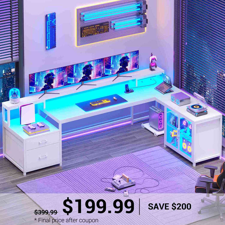 SEDETA 78.7 Inch L Shaped Gaming Desk with LED Light Computer Desk with Drawers Power Outlet Storage Shelves and Display Cabinet