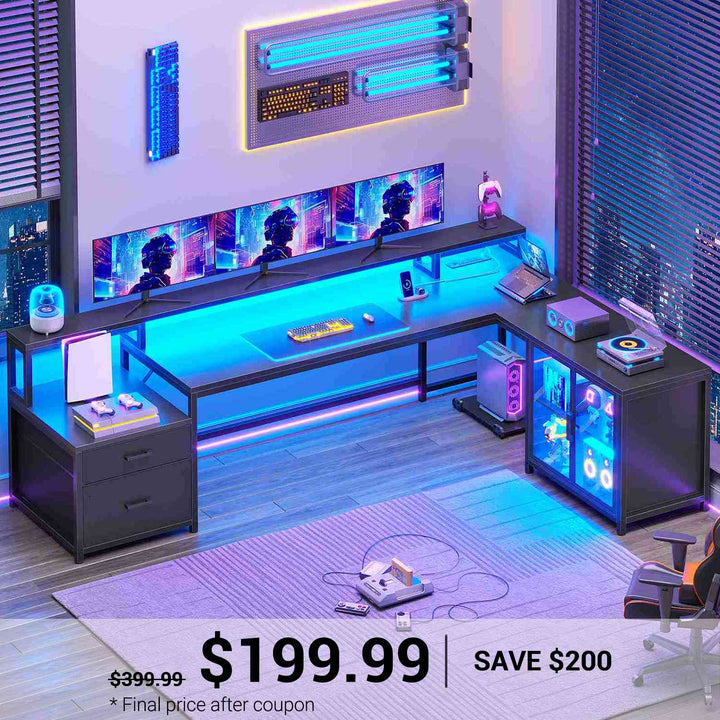 SEDETA 78.7 Inch L Shaped Gaming Desk with LED Light Computer Desk with Drawers Power Outlet Storage Shelves and Display Cabinet