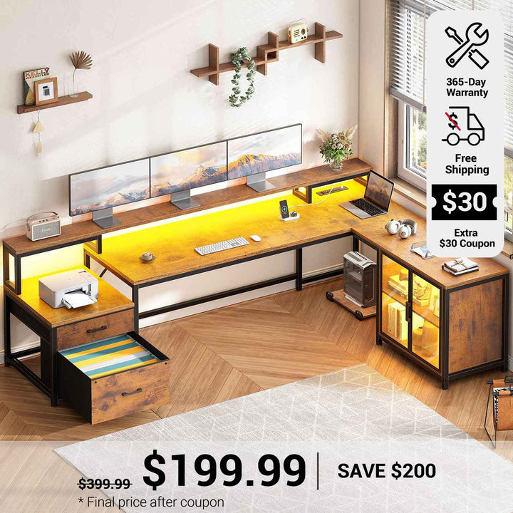 SEDETA 78.7 Inch L Shaped Gaming Desk with LED Light Computer Desk with Drawers Power Outlet Storage Shelves and Display Cabinet