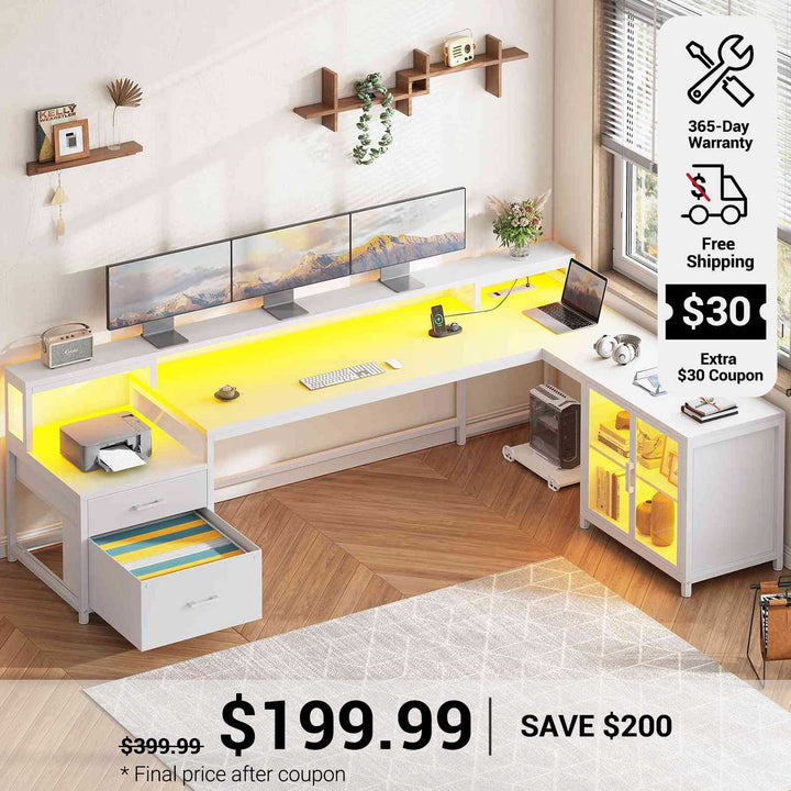 SEDETA 78.7 Inch L Shaped Gaming Desk with LED Light Computer Desk with Drawers Power Outlet Storage Shelves and Display Cabinet