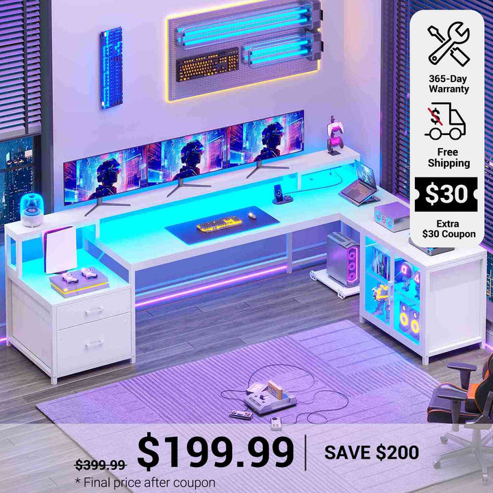 SEDETA 78.7 Inch L Shaped Gaming Desk with LED Light Computer Desk with Drawers Power Outlet Storage Shelves and Display Cabinet